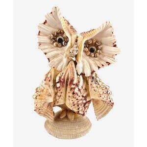Vtg Handmade Owl Seashell Folk Art Statue Figurine Collectible Shell Decor 7"